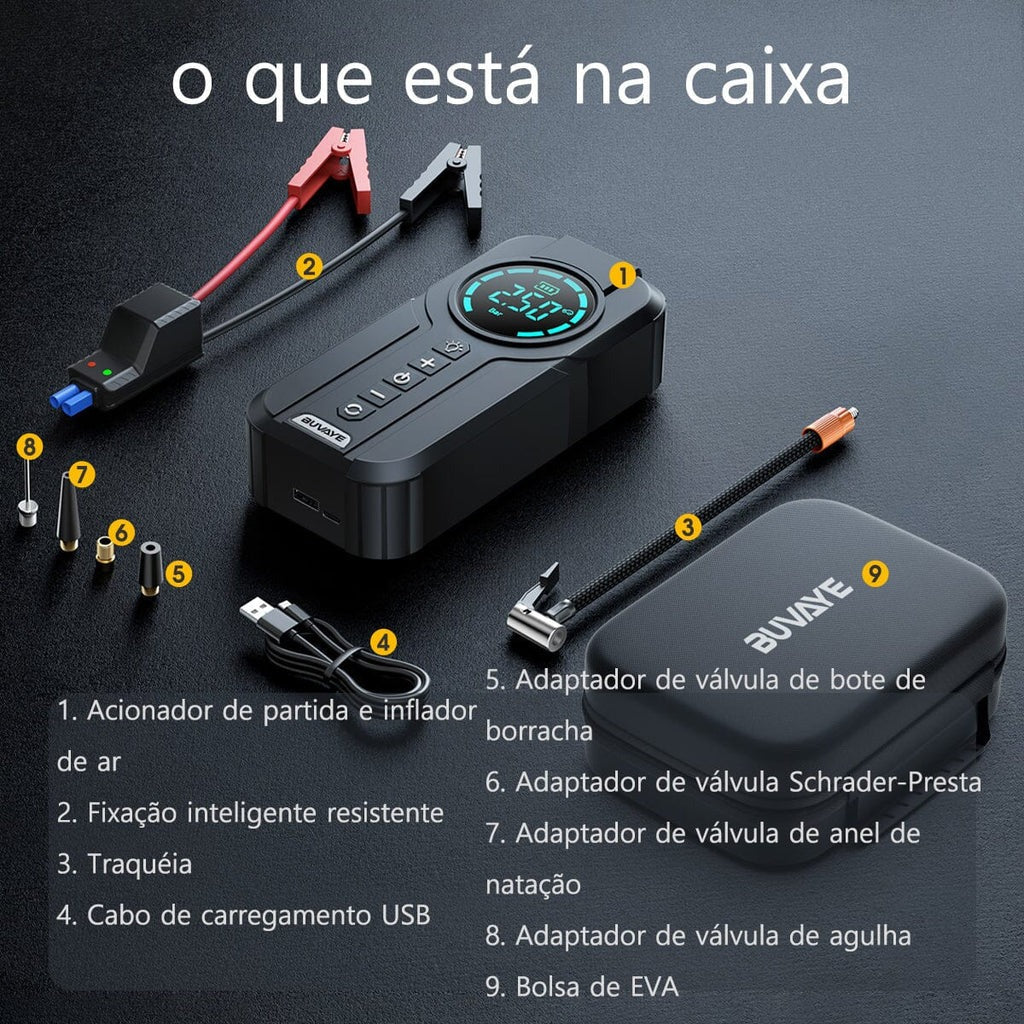 PowerStart 3 em 1 – Calibrador, Compressor e Auxiliar 12V