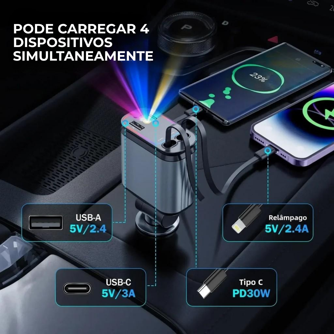 VoltLux™- Carregador Veicular Retrátil 4 em 1 com LED (Iphone/Android)