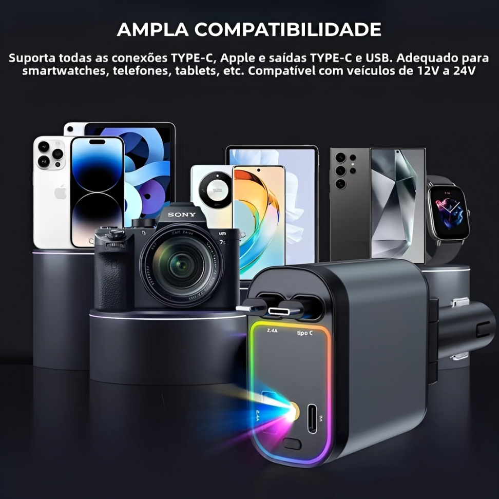 VoltLux™- Carregador Veicular Retrátil 4 em 1 com LED (Iphone/Android)