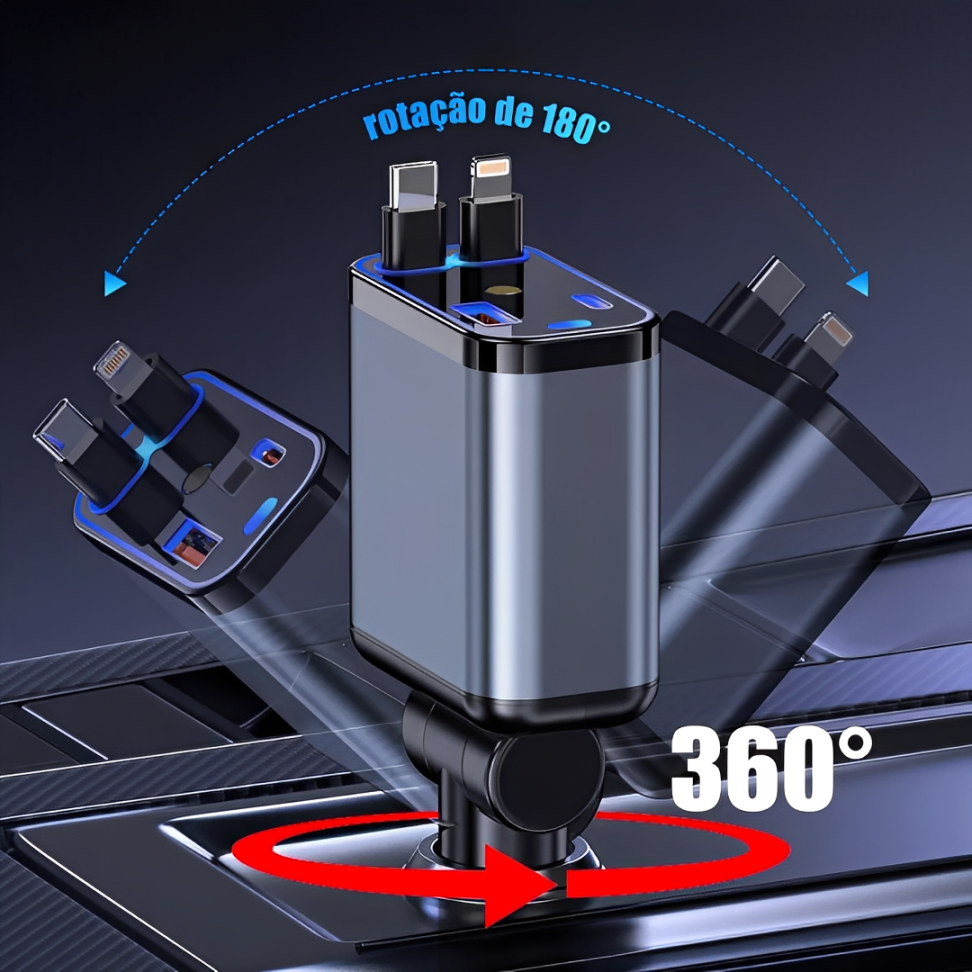 VoltLux™- Carregador Veicular Retrátil 4 em 1 com LED (Iphone/Android)
