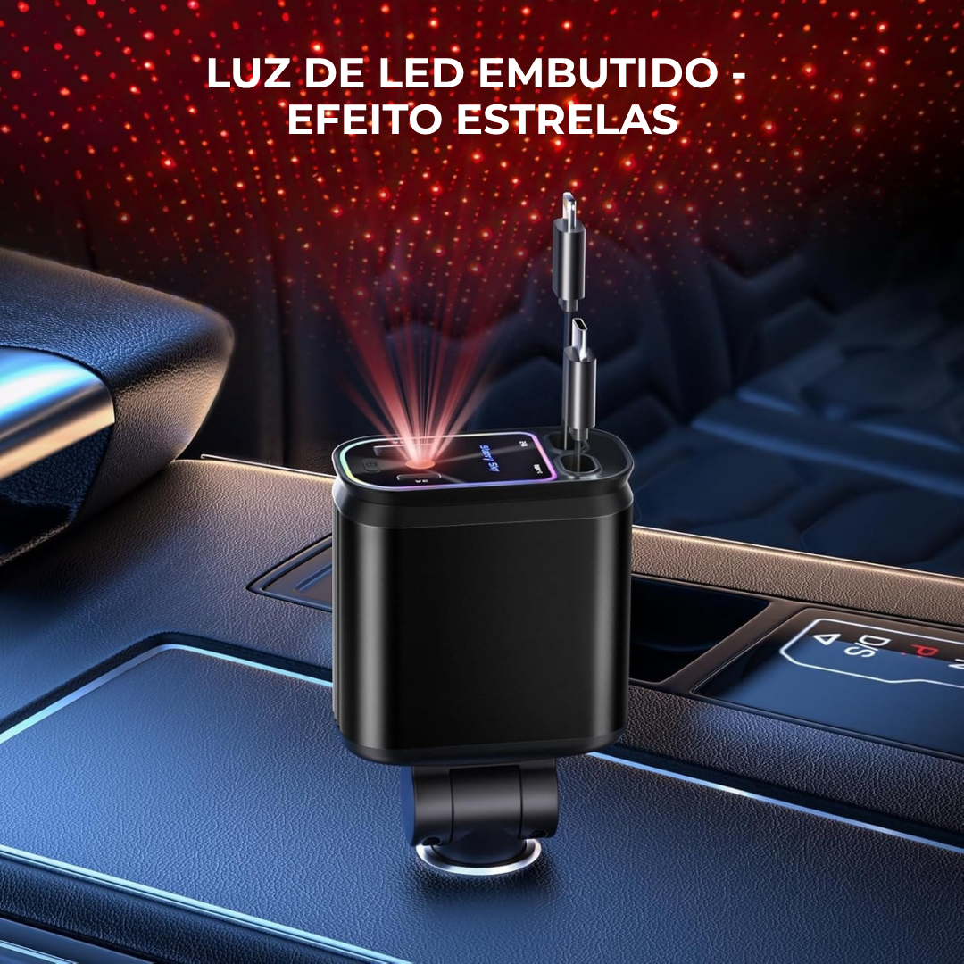VoltLux™- Carregador Veicular Retrátil 4 em 1 com LED (Iphone/Android)