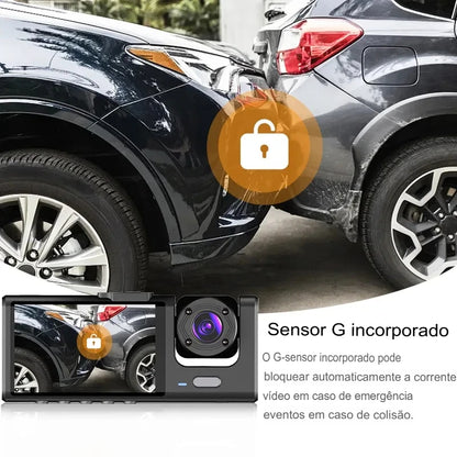 VisionSafe™ – Espelho Retrovisor com Câmera Frontal + Traseira e Cartão 64GB