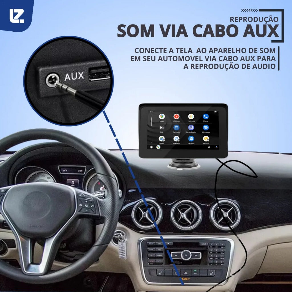 Central Multimídia Portátil com Android Auto e CarPlay – Conexão Sem Fio via Bluetooth