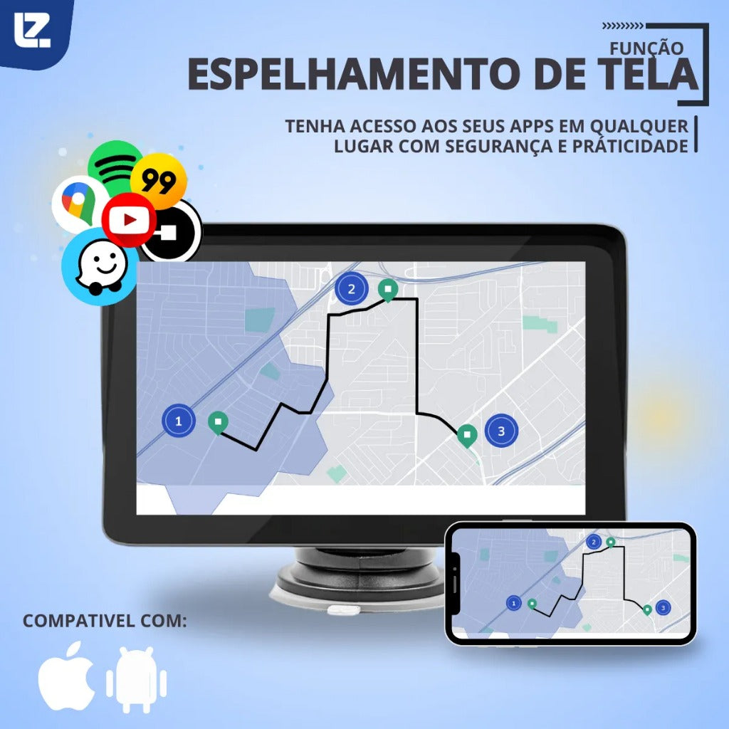 Central Multimídia Portátil com Android Auto e CarPlay – Conexão Sem Fio via Bluetooth