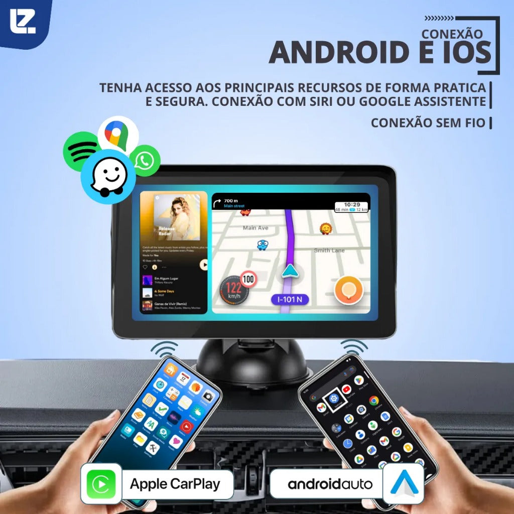 Central Multimídia Portátil com Android Auto e CarPlay – Conexão Sem Fio via Bluetooth
